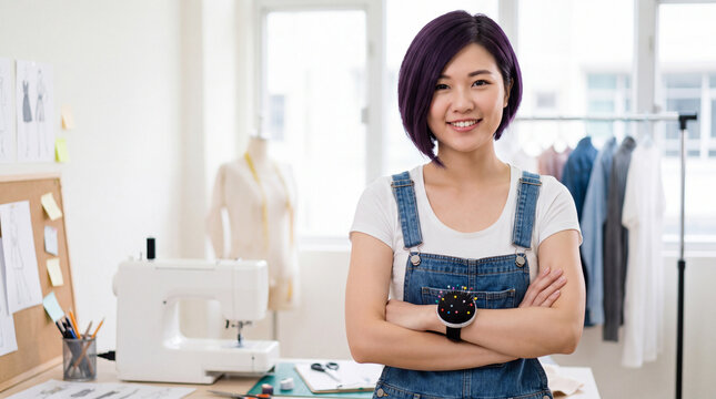Asian woman fashion designer stands confidently in a bright studio with sewing machine, sketches, and dress forms visible in the background