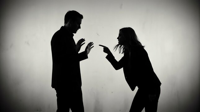 Silhouettes of a man and a woman in a heated argument, with the woman pointing aggressively at him