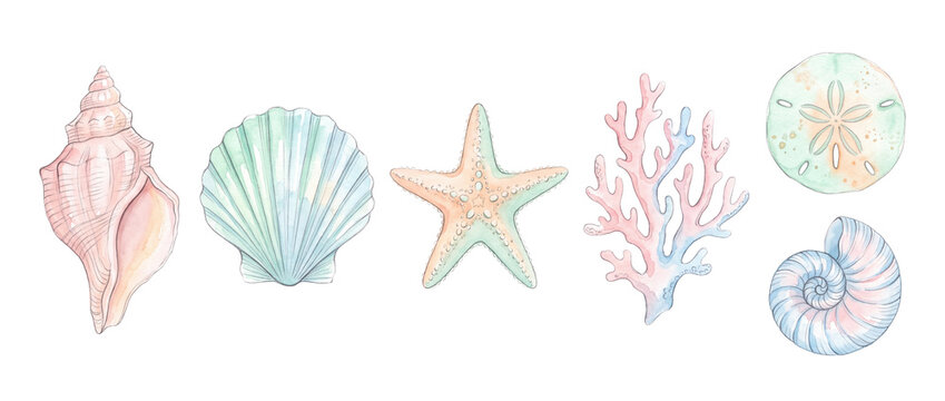 Watercolor seashell starfish coral set isolated on black background. Ocean marine life illustrations including conch, scallop, sand dollar, nautilus for coastal summer design and decorative art.