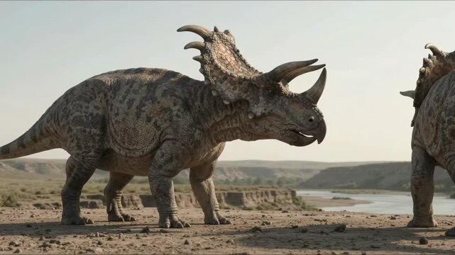 Centrosaurus turning its head and opening its mouth in a prehistoric canyon
