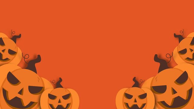 Halloween Orange Background Loop with Spooky Carved Pumpkins Jack O Lantern Frame.