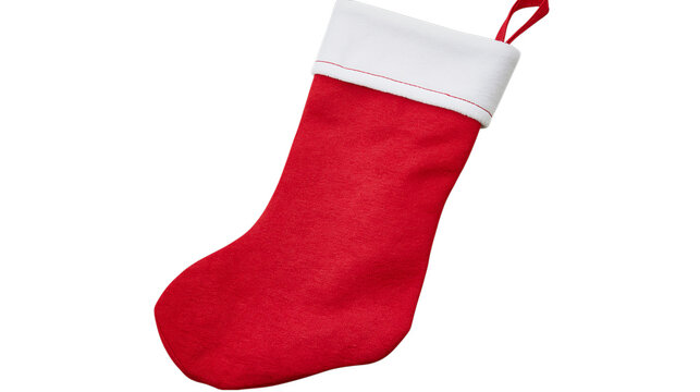 A red Christmas stocking with a white cuff on transparent background