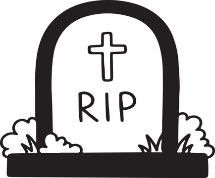 A simple black and white line art illustration of a tombstone with a cross and rip text