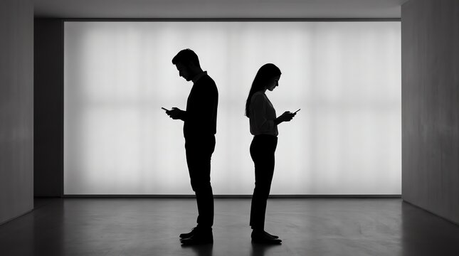 Couple facing away from each other, engrossed in their mobile phones, highlighting digital disconnect