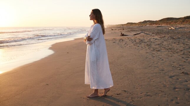 Woman in white dress contemplating the ocean at sunset on a sandy beach