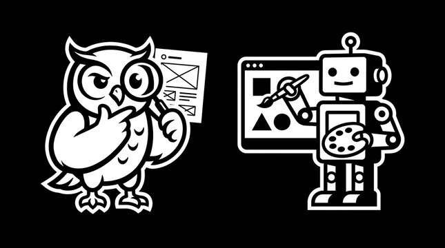 Owl and robot characters with creative design tools