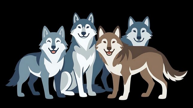 Pack of four stylized wolves standing together.