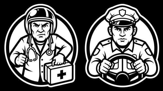 Paramedic and police officer black and white emblems.
