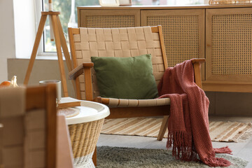 Interior design and home comfort, cozy armchair with green pillow and terracotta throw blanket in a modern living room with rattan furniture © Pixel-Shot