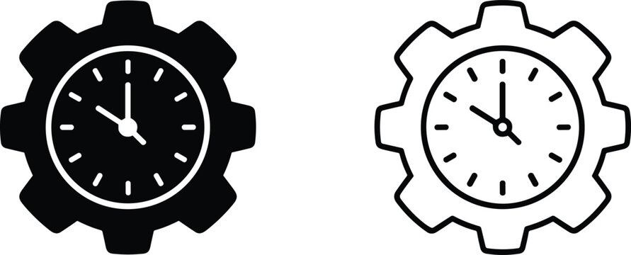 Black and white clock icons inside cog wheels for business schedule and time management concepts with business schedule management deadline