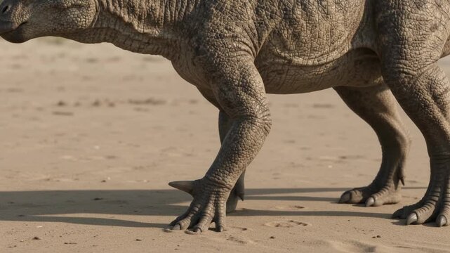 Iguanodon Dinosaur Standing On A Sandy Beach With Foot And Claws Visible
