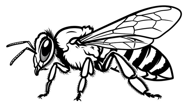 Detailed honey bee line art vector illustration on white