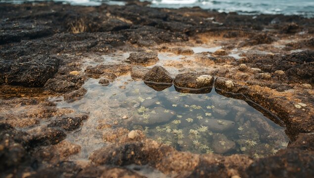 Rugged Rock Pool with Tide Pool Life and Craggy Shore