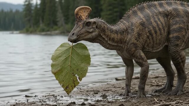 Crested Hadrosaur Holding a Large Leaf in Its Mouth by a Lake