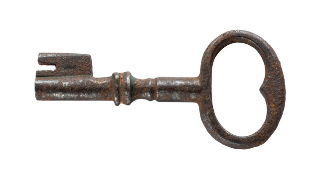 Antique old iron barn key with a rustic aged surface, isolated on a white background. Traditional locking hardware from an old farm or rural building.