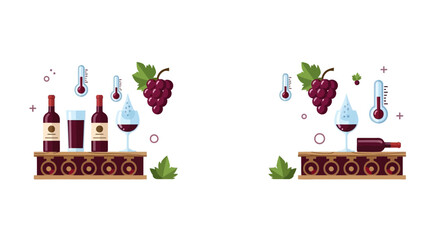 Obraz premium Wine Production and Temperature Control Illustration with Bottles, Grapes, and Thermometers
