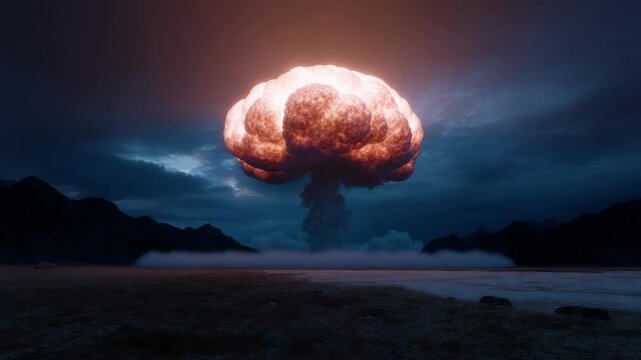 Dramatic Nuclear Explosion Illuminates Dark Sky Over Barren Landscape