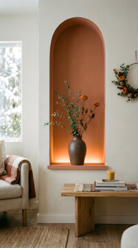 Warm autumnal interior a cozy niche with dried flowers and soft lighting