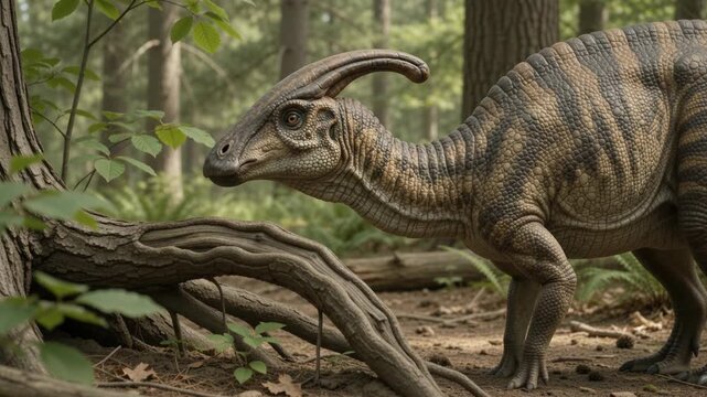 Parasaurolophus Bending Down Over A Fallen Tree In A Prehistoric Forest