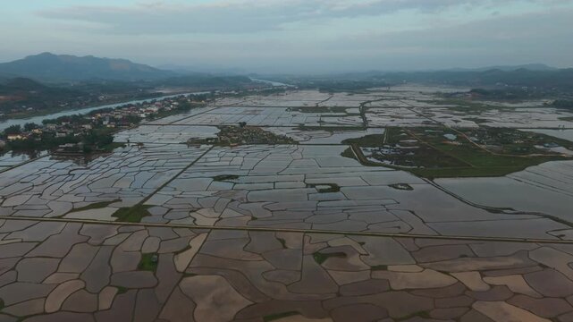 Dusk Settles Over Mirrored Rice Plains And Canals, Soft Purple Sky, Network Of Flooded Fields Reflecting Last Light, Sweeping Aerial View Of Agricultural Plain In Phong Nha Vietnam