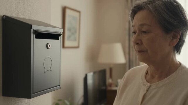 Senior Woman Dropping Envelope Into Indoor Wall-Mounted Mailbox