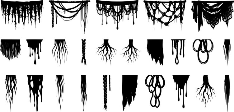 Spooky halloween hanging border set featuring cobweb lace draping roots dripping slime torn fabric chains stalactites horror gothic decorative elements solid black glyph symbols in vector style 