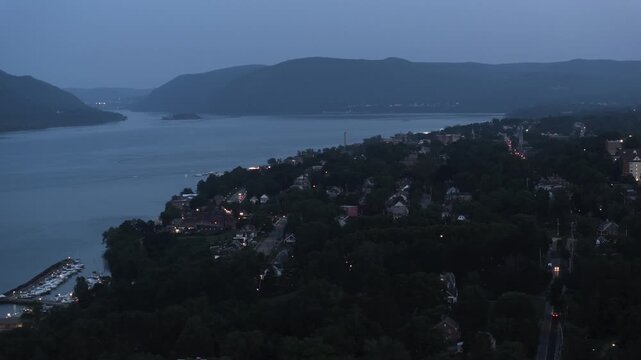 Aerial view of Newburgh at night. Shot during the summer in The Hudson Valley.
