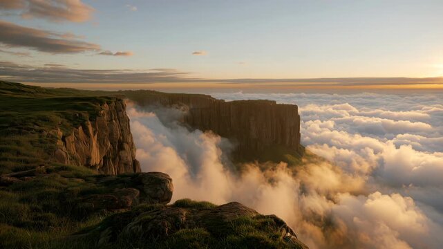 Views from the cliffs at sunset with clouds in the valley below in a distant location