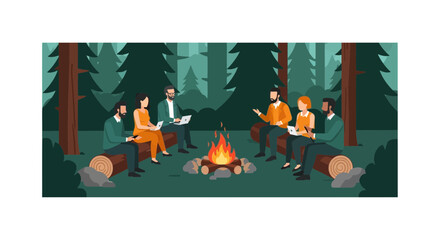 Fototapeta premium Professionals working on laptops around a forest campfire during a corporate retreat.
