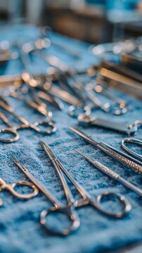 Close-up of surgical instruments like scissors and forceps on a blue towel background.