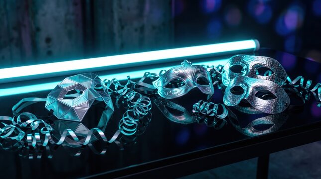 Silver masquerade masks and party streamers arranged on a table. Festive unboxing kit accessories displayed under bright neon lighting.