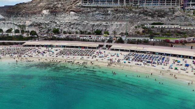 Playa de Amadores shoreline with swimmers and rows of loungers on Gran Canaria, aerial