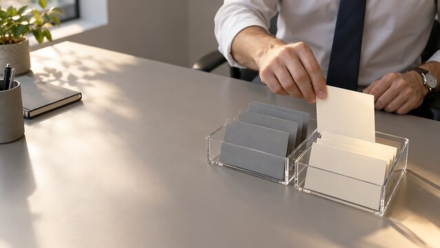 Man organizing business cards in a desk organizer