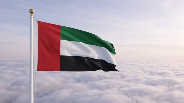 United Arab Emirates flag waving on a flagpole high above a sea of clouds