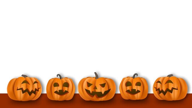 Five Carved Halloween Jack O Lantern Pumpkins Line Up On Ledge With White Background.