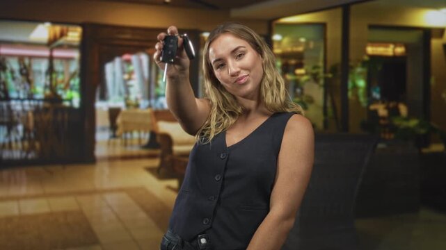 Woman holds car keys up inside a hotel building lobby with a playful smirk and raised hand; confidence.