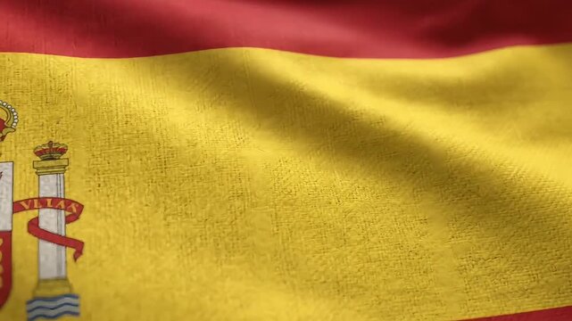 Close-up shot of Spain national flag with coat of arms waving in full frame