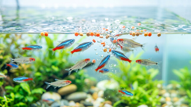 Fish eating floating pellets in a vibrant aquarium with greenery  