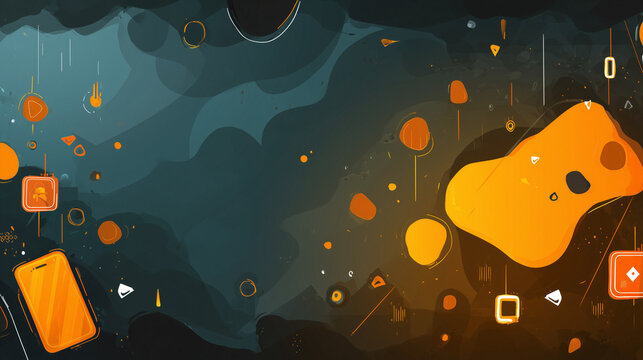 Abstract digital background with dark teal waves and floating bright orange tech elements. Modern illustration with glowing geometric shapes