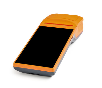 Orange payment terminal on white background