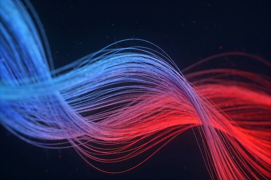 Flowing ribbon lines shift from calm blue to chaotic red against dark navy background representing a futuristic climate anomaly