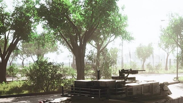 A powerful tank rests amidst lush trees in a quiet city area. Sunlight filters through the branches, casting a soft glow on the robust machinery, blending nature with military might.