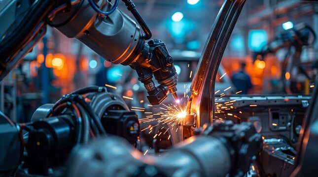 Robotic Arm Welding Car Body on Automated Assembly Line