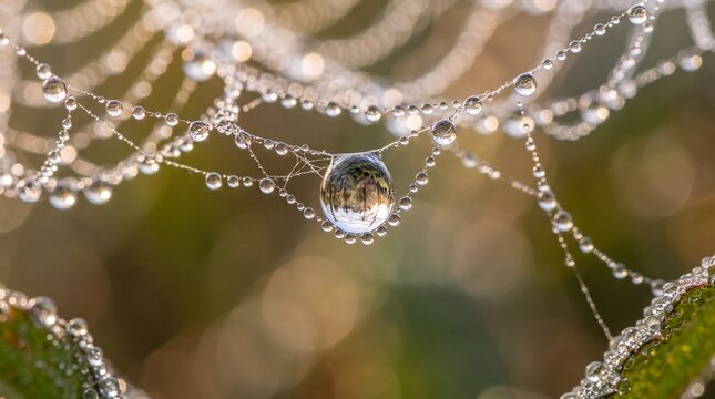 Dewdrops on Spider Web Macro in Morning Light