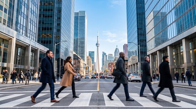 Business People Commuting Across City Crosswalk in Toronto