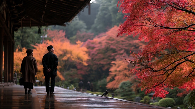 Senior Couple Walking Along Japanese Temple in Autumn