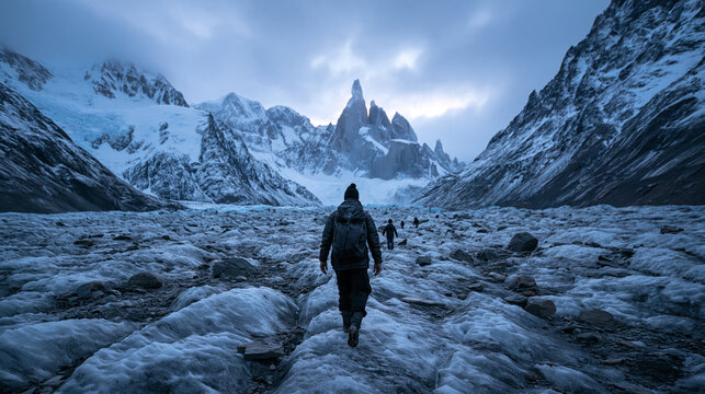 Hiker Walking on Glacier Towards Dramatic Mountain Peaks