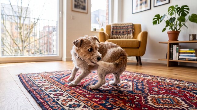 Funny Dog Chasing Its Tail in Living Room