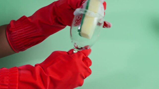 Hands in red gloves wash clear glass wine glass with soapy sponge on green background