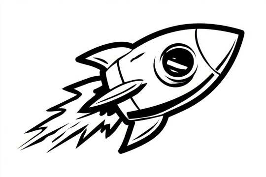 Black and white cartoon rocket icon illustration isolated on plain white background for design work
